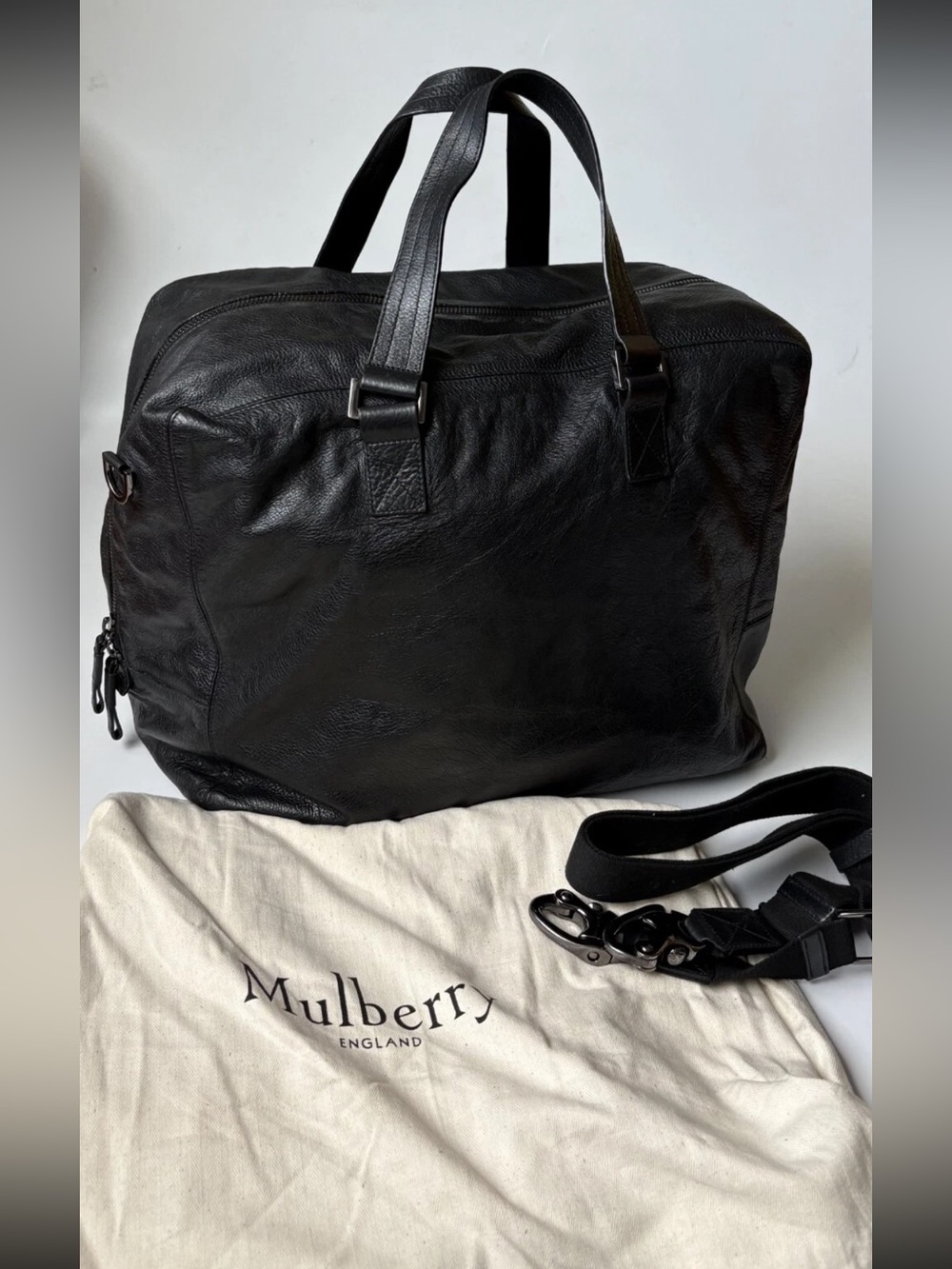 Mulberry Black Leather Duffel Bag with Detachable Strap